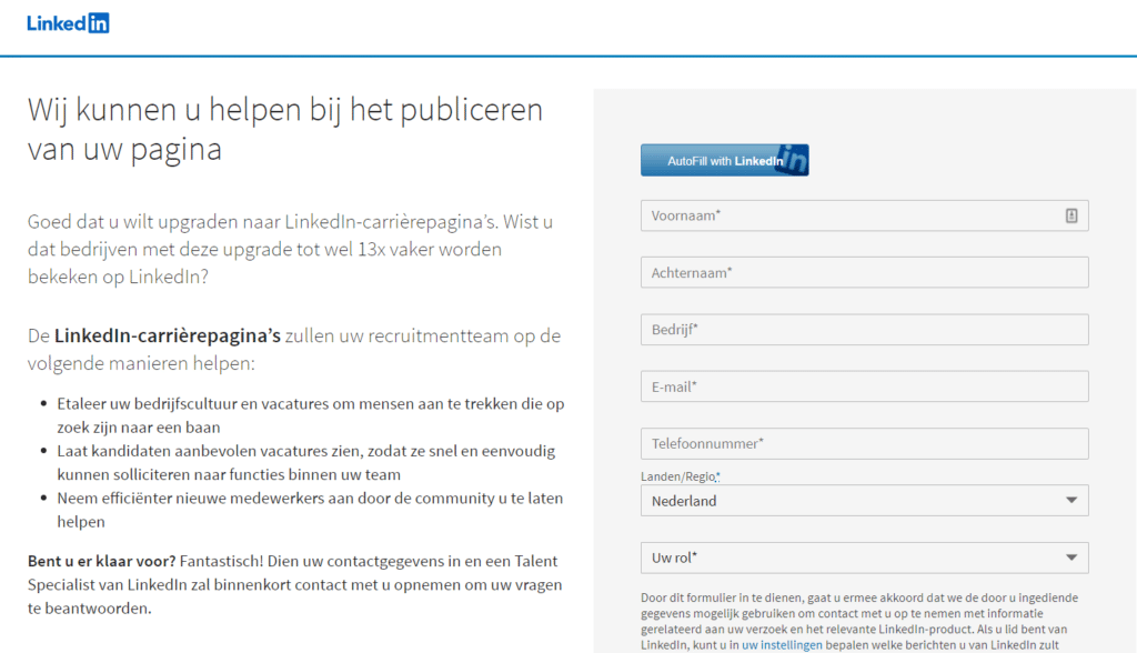 laat je gegevens achter en upgrade naar een linkedin carrièrepagina